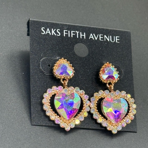Elegant Saks Fifth Avenue AB Heart Crystal Post With Drop Crystal Heart Ear - Picture 4 of 9